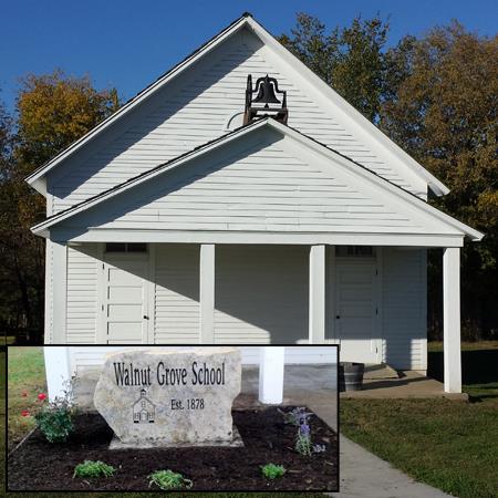 photo of one-room schoolhouse and inset photo of limestone sign that says Walnut Grove School Est. 1878 
